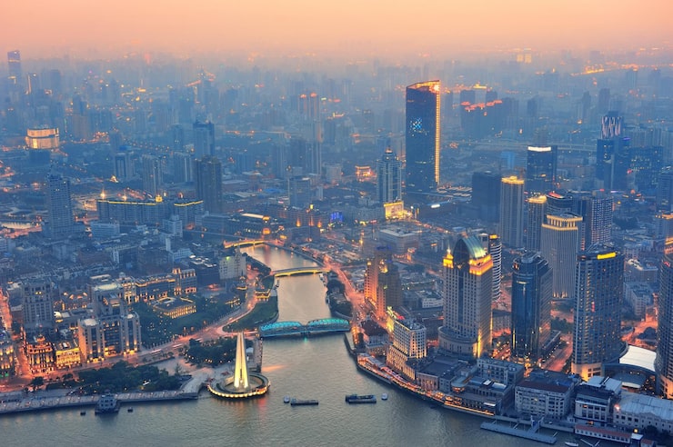 Photo Gratis pemandangan udara shanghai saat matahari terbenam