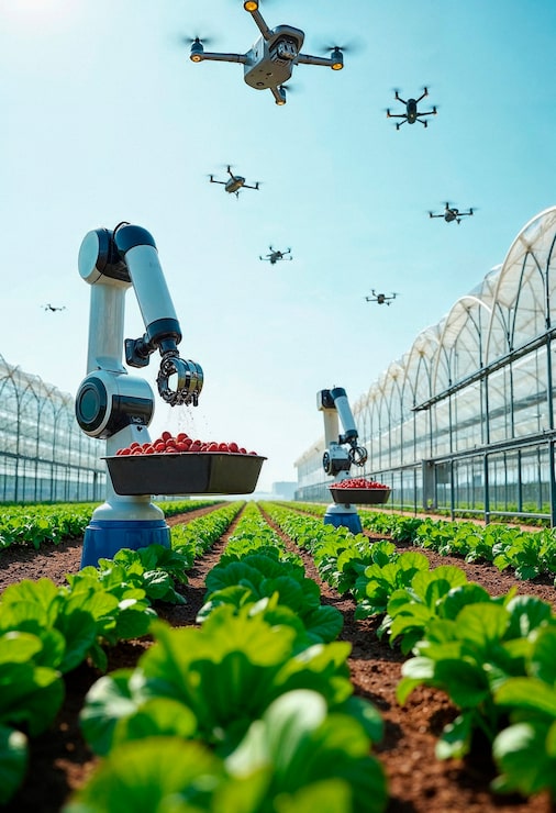 Photo Gratis pemanenan otomatis: robot dan drone dalam pertanian modern