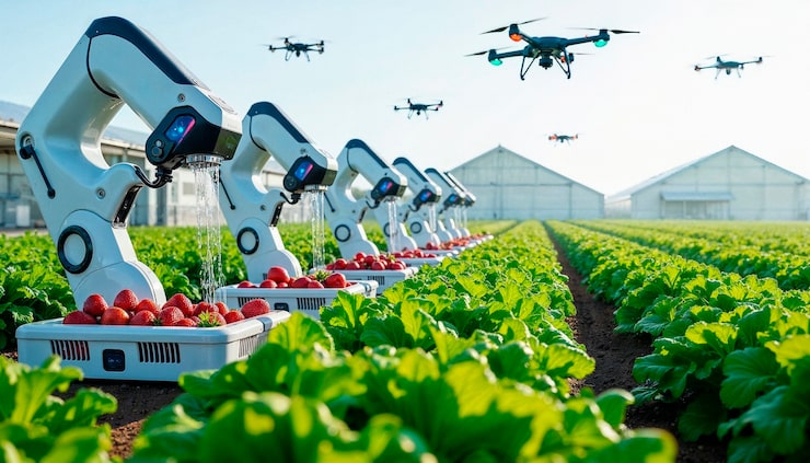 Photo Gratis pemanenan stroberi robotik dengan pengawasan drone