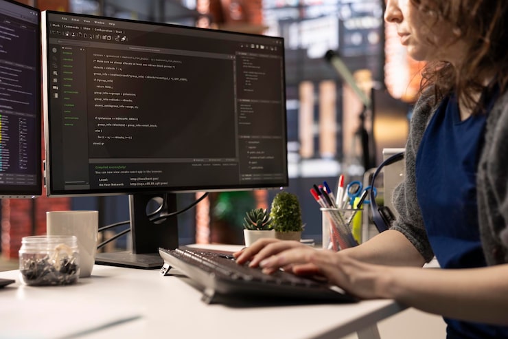 Photo Gratis pengembang perangkat lunak profesional mengetik kode di laptop di ruang kerja yang apik