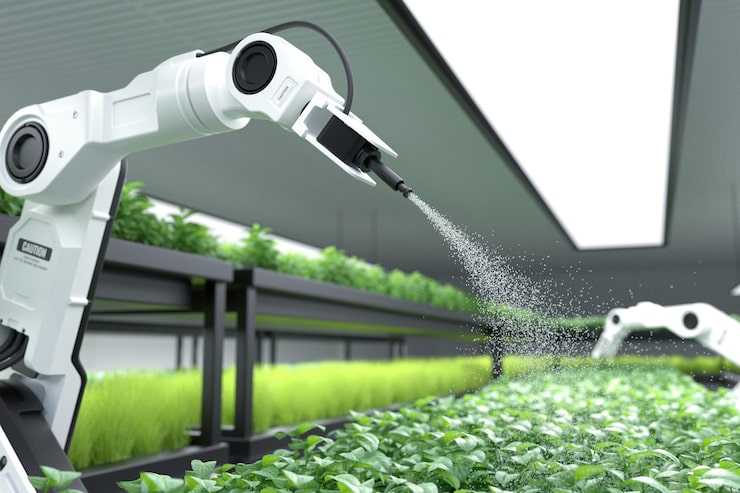 Photo Gratis petani robot pintar menyemprotkan pupuk pada tanaman hijau sayuran