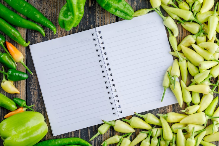 Foto gratuito pimientos con la libreta abierta plana yacía sobre una madera
