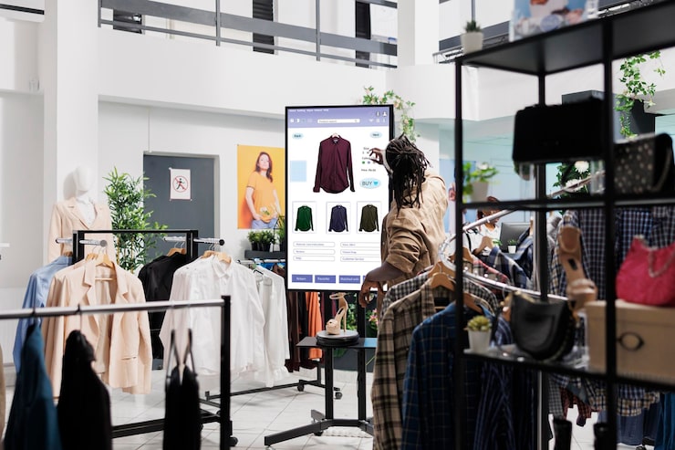 Photo Gratis pria afrika-amerika melihat pakaian online di monitor layar sentuh di butik mode di mal, papan swalayan. pelanggan pria mencari pakaian dan item trendi di tampilan kios ritel.