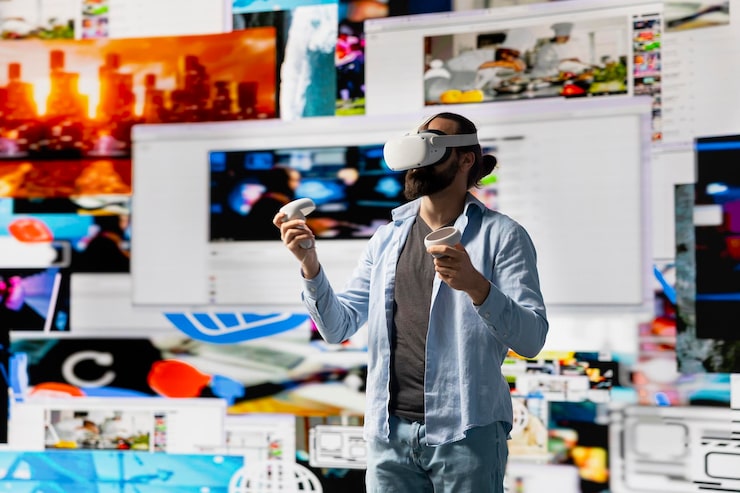 Photo Gratis pria keren modern menggunakan kacamata virtual reality untuk koneksi web 3d
