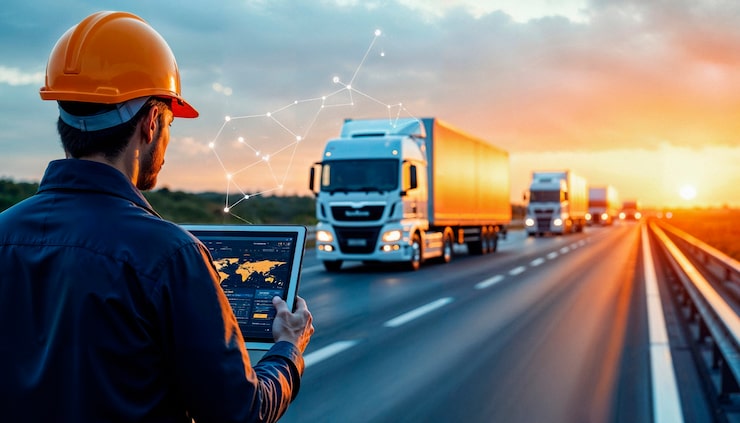 Photo Gratis profesional logistik mengawasi armada truk