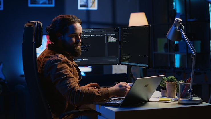 Photo Gratis profesional ti melakukan multitasking di kantor apartemen sambil mendengarkan musik