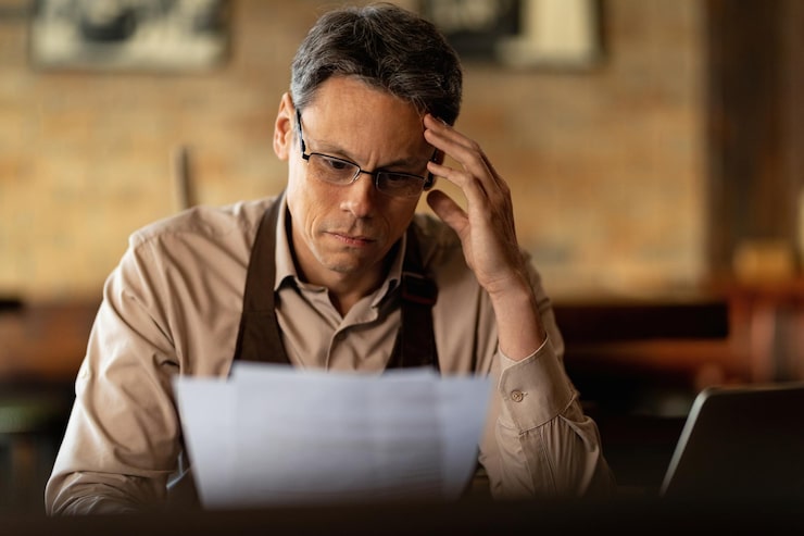 Foto gratuito propietario de una pequeña empresa angustiado leyendo informes mientras revisa el papeleo en un bar.
