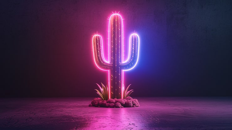 Photo Gratis render 3d kaktus neon cerah di gurun