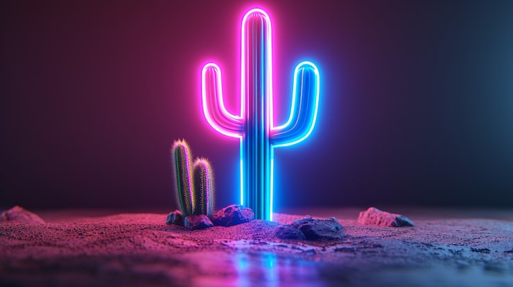 Photo Gratis render 3d kaktus neon cerah di gurun