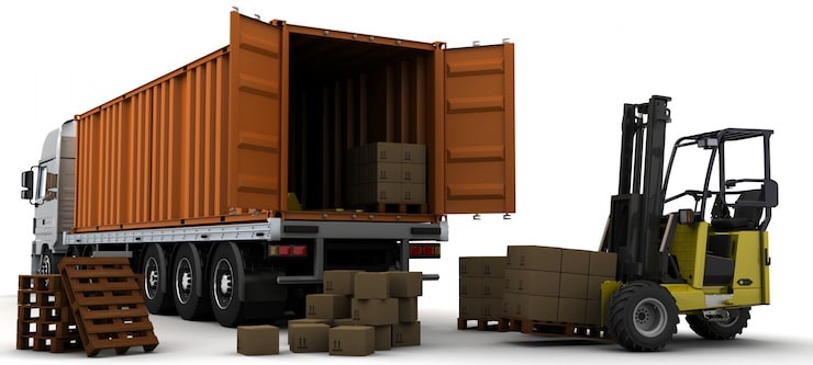 Photo Gratis render 3d kontainer pengiriman dan forklift