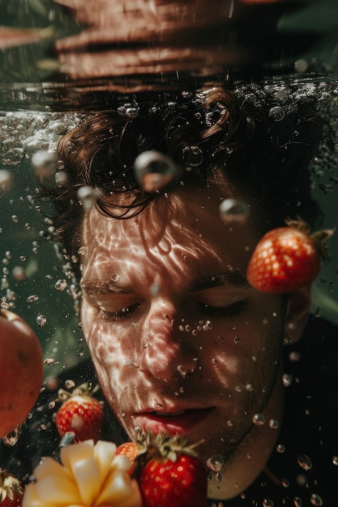 Foto gratuito retrato de un hombre durante el verano con frutas tropicales y agua