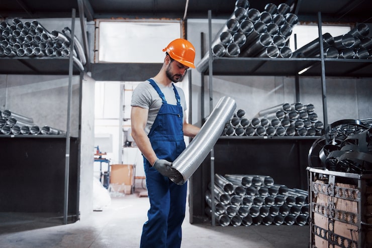 Foto gratuito retrato de un joven trabajador con un casco en una gran planta metalúrgica.