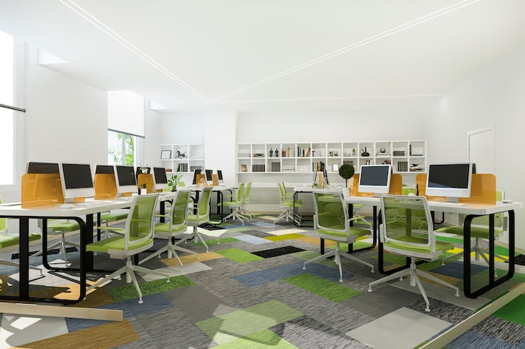 Foto gratuito reunión de negocios verde y sala de trabajo en edificio de oficinas con estantería