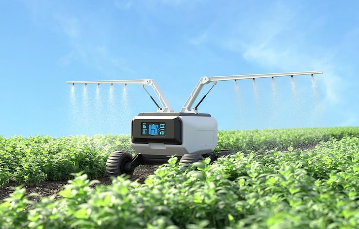 Photo Gratis robot menyemprotkan pupuk di kebun sayur