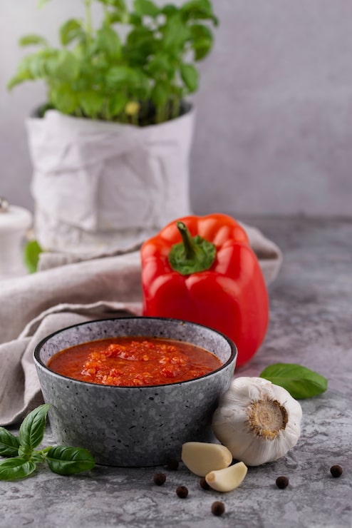 Foto gratuito salsa deliciosa de alto ángulo en un tazón