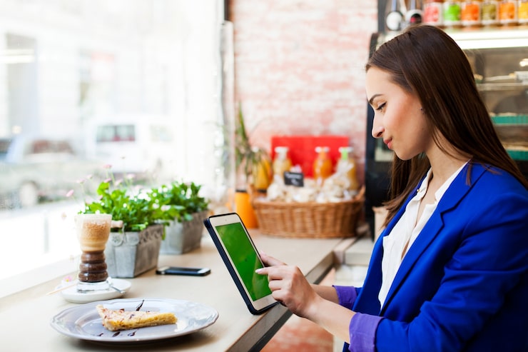 Photo Gratis seorang wanita bekerja dengan tablet di meja di sebuah kafe