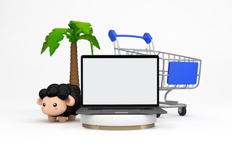 Photo Gratis sisi depan troli belanja dan laptop adha di latar belakang putih