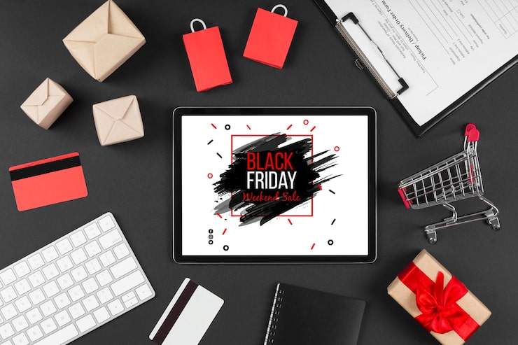 Photo Gratis tampilan atas penataan penjualan black friday dengan tablet