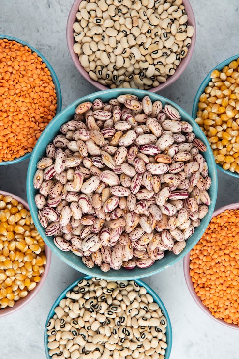 Foto gratuito tazón grande de frijoles marrones alrededor de varios frijoles crudos y lentejas.
