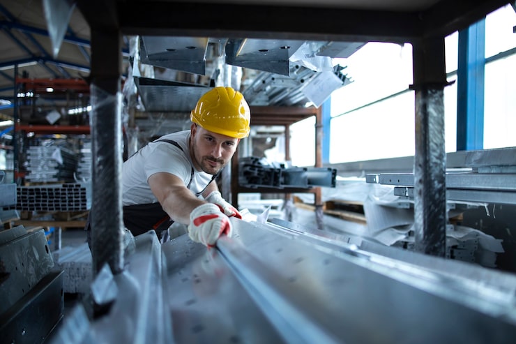 Foto gratuito trabajador de fábrica que trabaja en un almacén que maneja material metálico para la producción