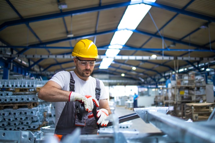 Foto gratuito trabajador de fábrica que trabaja en la sala de producción industrial