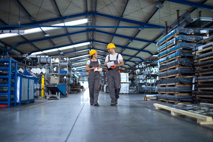 Foto gratuito trabajadores de la fábrica en ropa de trabajo y cascos amarillos caminando por la sala de producción industrial y discutiendo sobre el plazo de entrega