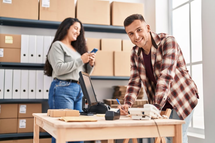 Foto gratuito trabajadores de negocios de comercio electrónico de hombre y mujer que trabajan en la oficina