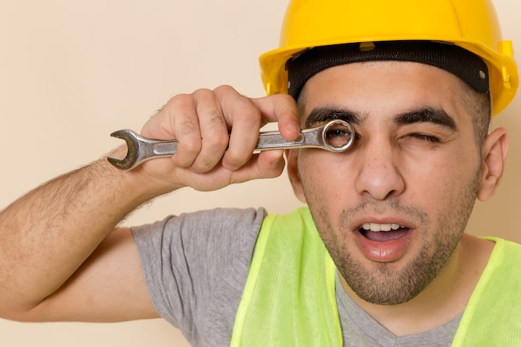 Foto gratuito vista frontal del constructor masculino en casco amarillo posando sosteniendo la herramienta sobre fondo claro