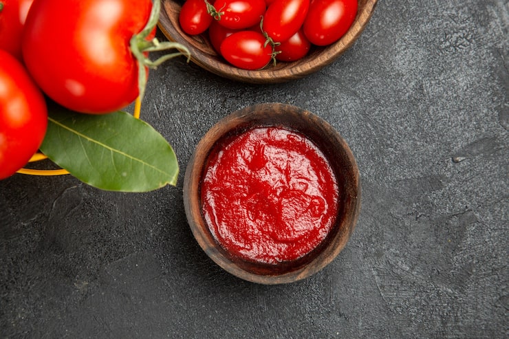 Foto gratuito vista superior de un balde con tomates y hojas de laurel, cuencos con tomates cherry y salsa de tomate en suelo oscuro