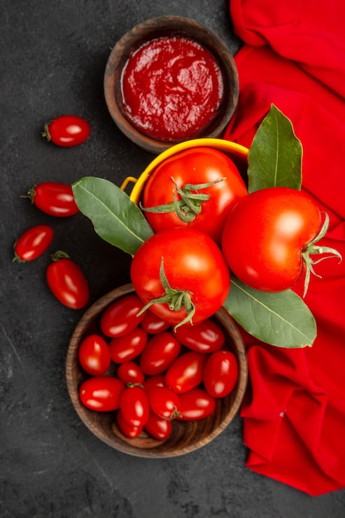 Foto gratuito vista superior de un balde con tomates y hojas de laurel, cuencos con tomates cherry y salsa de tomate y una toalla roja sobre suelo oscuro