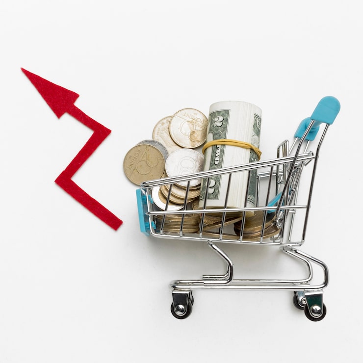 Foto gratuito vista superior carrito de compras lleno de dinero
