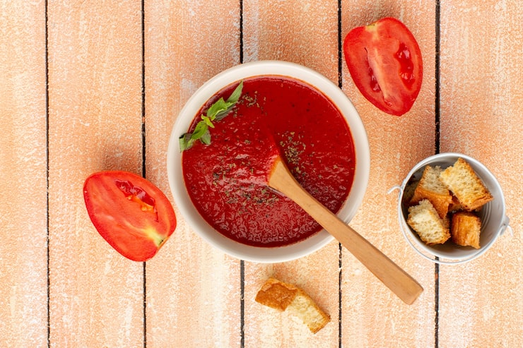 Foto gratuito vista superior de la sopa de tomate con verduras junto con tomates rojos en la mesa rústica, sopa comida comida cena vegetal