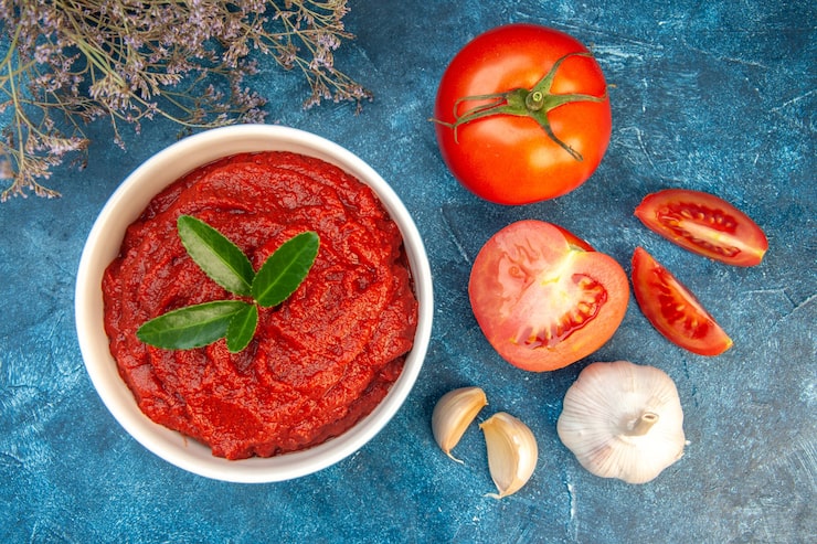 Foto gratuito vista superior de tomates frescos con pasta de tomate y ajo en mesa azul