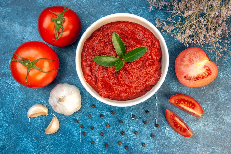 Foto gratuito vista superior de tomates frescos con pasta de tomate y ajo en mesa azul