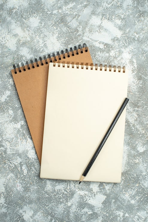 Foto gratuito vista vertical de dos cuadernos de espiral kraft con bolígrafo sobre fondo de hielo