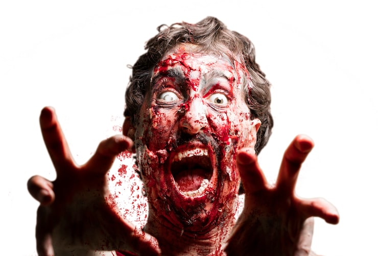 Foto gratuito zombi con un ojo blanco y las manos levantadas