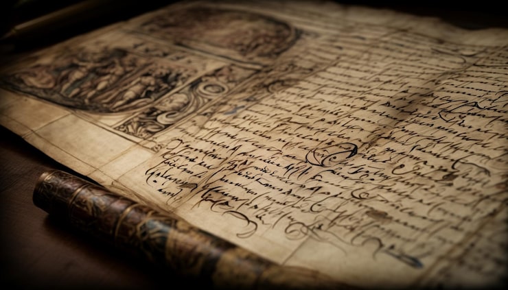 Foto gratuito antica pagina del manoscritto di calligrafia con messa a fuoco selettiva generata dall'intelligenza artificiale