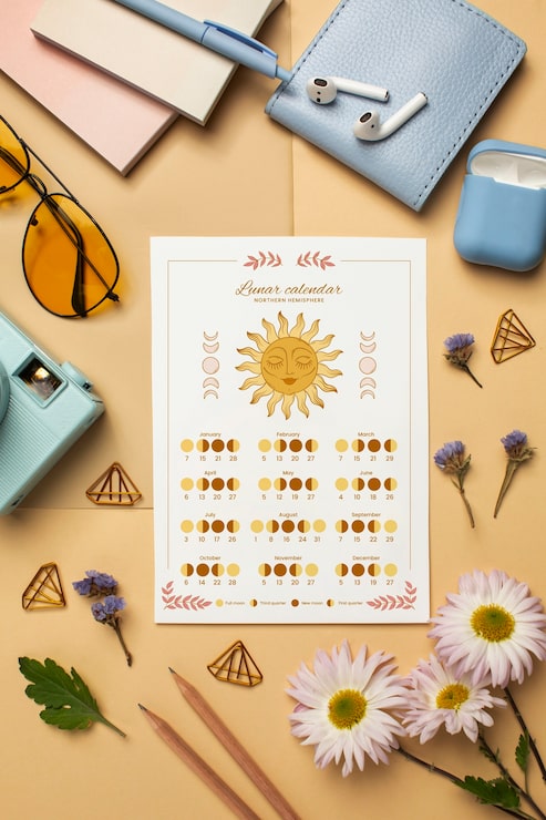 Foto gratuito calendario lunare e fiori vista dall'alto