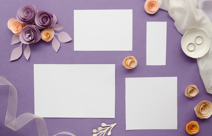 Foto gratuito carte vuote con fiori di carta