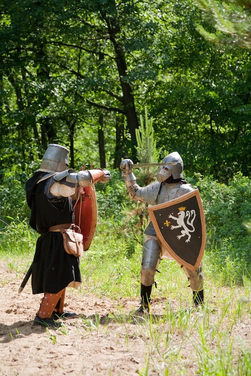 Foto gratuito cavalieri in armatura sta combattendo