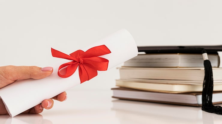 Foto gratuito certificato con nastro e cappello di laurea