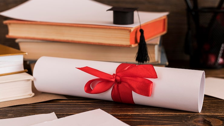 Foto gratuito certificato di diploma di istruzione arrotolato