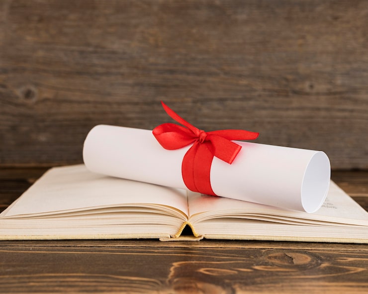 Foto gratuito certificato di diploma di istruzione sul libro aperto