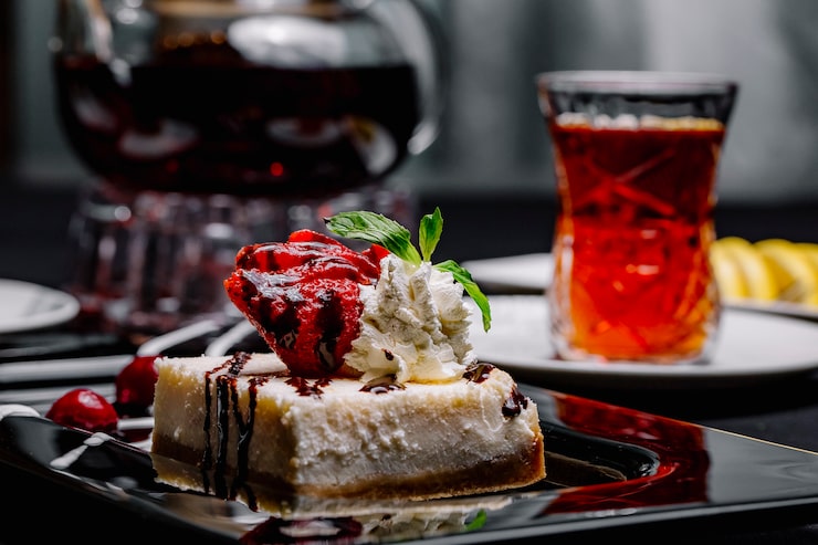 Foto gratuito cheesecake a vista laterale con sciroppo di cioccolato, fragola, menta, panna montata, ciliegia e tè nero