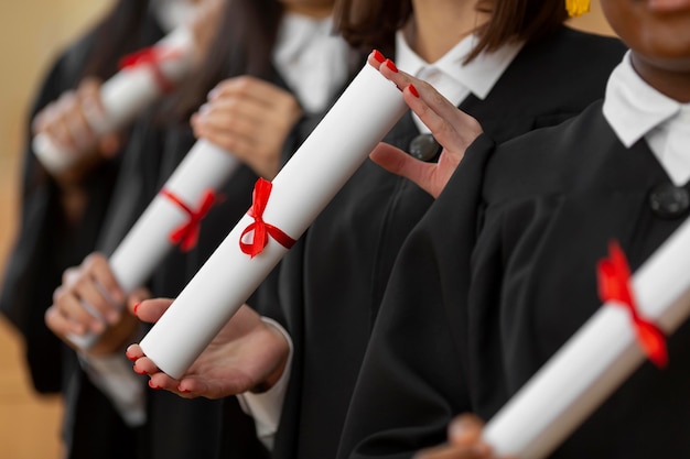 Foto gratuito chiudere le persone che si laureano con diplomi
