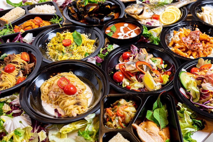 Foto gratuito colpo del primo piano di un menu del ristorante impostato su piatti neri - perfetto sfondo alimentare
