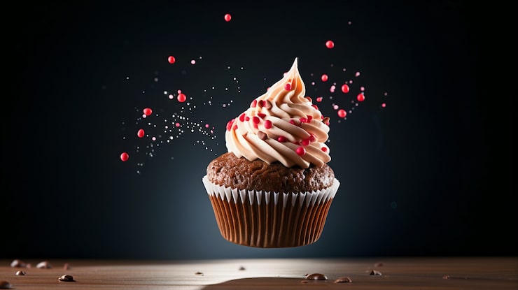 Foto gratuito cupcake dall'aspetto delizioso con granelli che galleggiano nell'aria