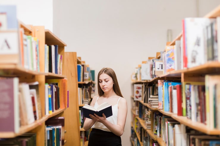 Foto gratuito di nuovo al concetto della scuola con la donna che studia nella biblioteca