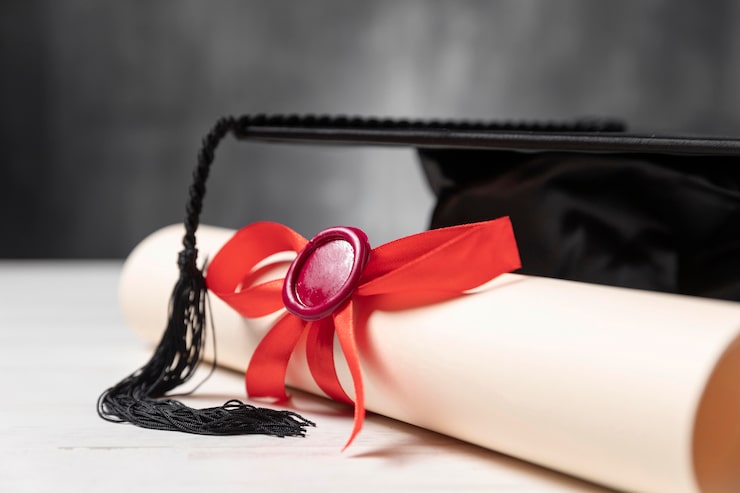 Foto gratuito diploma di laurea e cappello toga