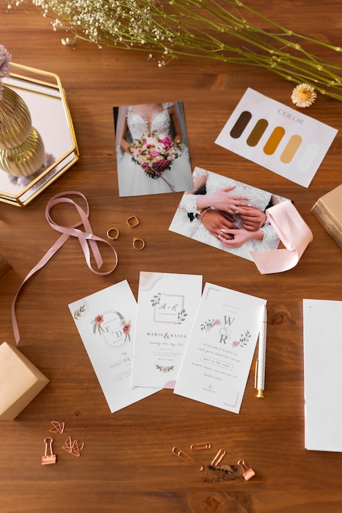 Foto gratuito disposizione degli articoli per la pianificazione del matrimonio ad alto angolo